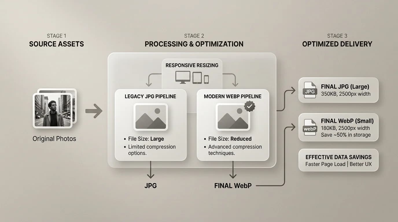 Diagram of JPG master to WebP publish pipeline