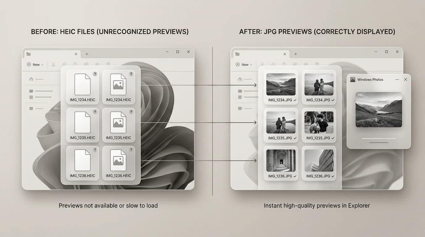 Windows confusion with HEIC then success after JPG conversion