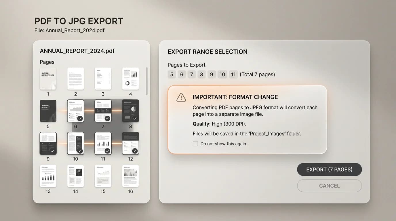 Page range selection for PDF export
