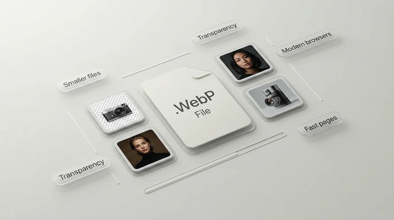 WebP file guide with website image tiles and file size labels