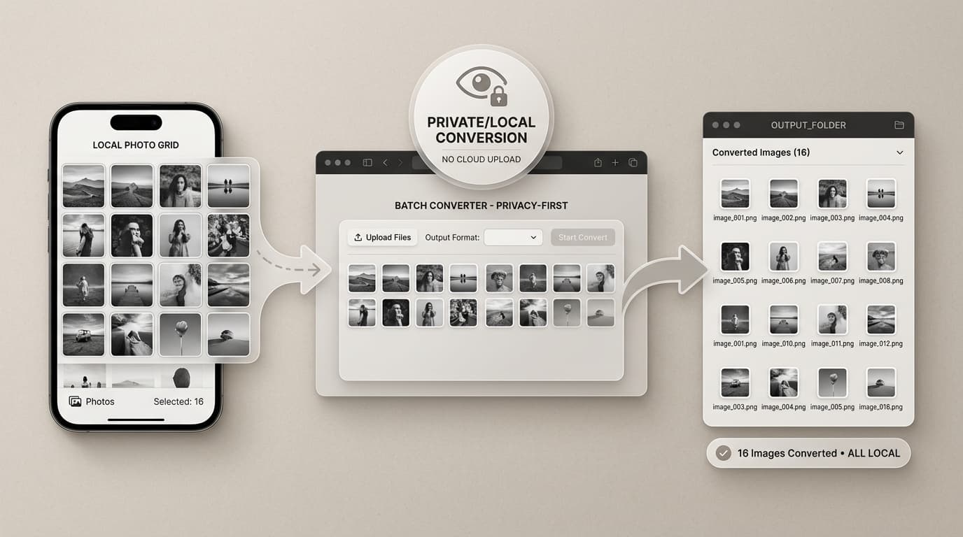 Phone gallery files moving into a private browser conversion queue and then to a deliverable folder