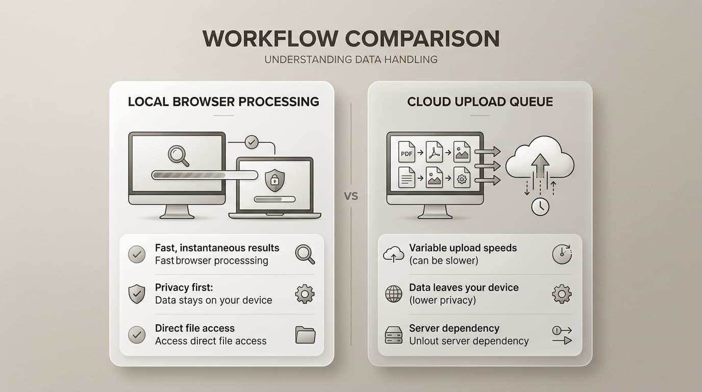 Comparison graphic showing local browser processing versus cloud upload queue