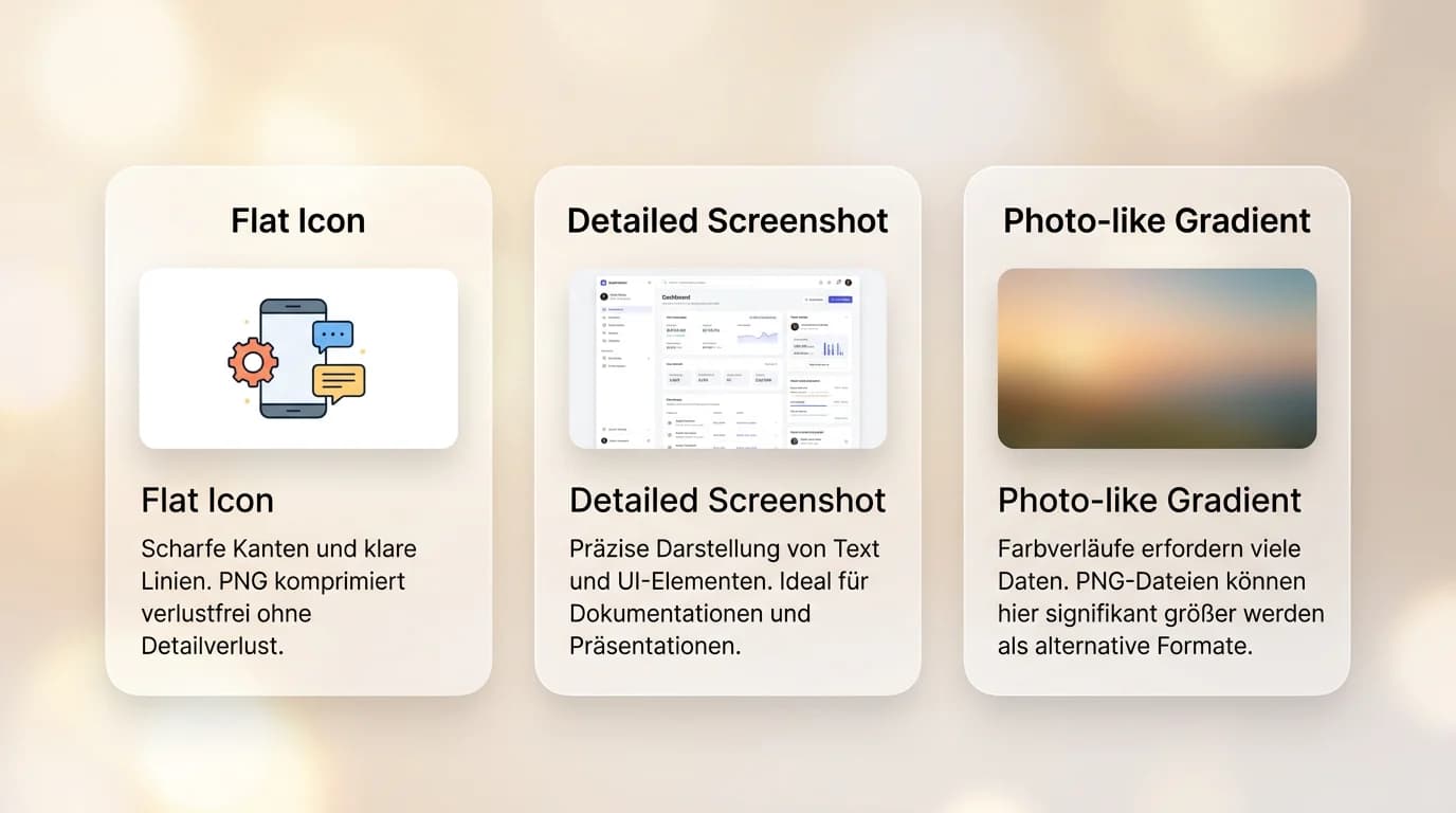 Flat icon, screenshot detail, and photo gradient compared for PNG suitability