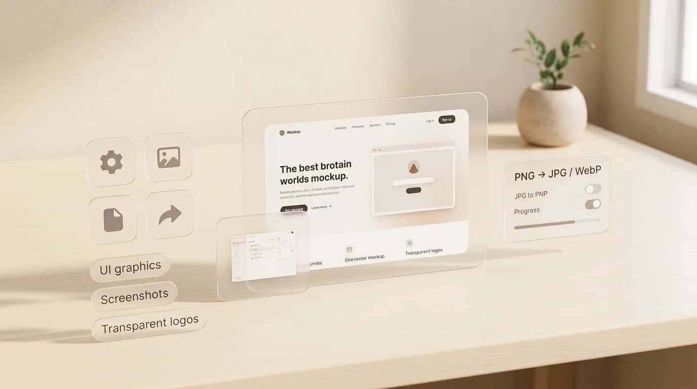 PNG use cases with website mockup, icons, and converter cards